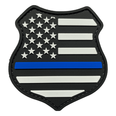 1384-USDP-LT-1-US Flag Themed Shield Shape Patch Blue Line